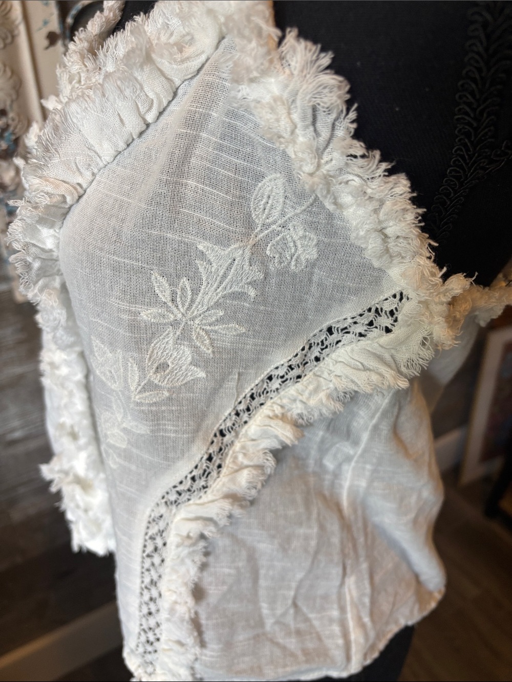 Boho Embroidered (Size M) Women's Cream Fringe-Trim Button Front Cami Top - Picture 10 of 10